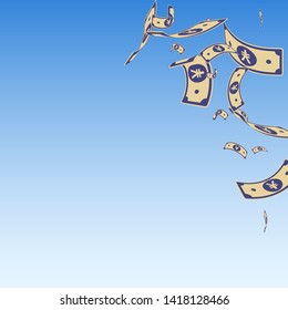Chinese yuan notes falling. Random CNY bills on blue sky background. China money. Elegant vector illustration. Tempting jackpot, wealth or success concept.