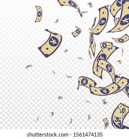Chinese yuan notes falling. Random CNY bills on transparent background. China money. Dramatic vector illustration. Tempting jackpot, wealth or success concept.