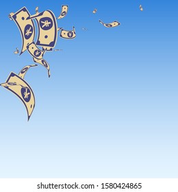 Chinese yuan notes falling. Random CNY bills on blue sky background. China money. Elegant vector illustration. Quaint jackpot, wealth or success concept.