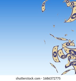 Chinese yuan notes falling. Random CNY bills on blue sky background. China money. Ecstatic vector illustration. Noteworthy jackpot, wealth or success concept.