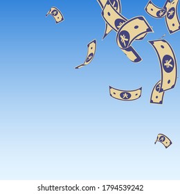 Billetes de yuan chinos cayendo. Anuncios al azar de CNY sobre fondo azul del cielo. Dinero chino. Elegante ilustración vectorial. Excelente jackpot, riqueza o concepto de éxito.