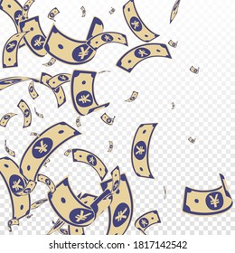 Billetes de yuan chinos cayendo. Anuncios de CNY aleatorios sobre fondo transparente. Dinero chino. Dramática ilustración vectorial. Magnífico premio mayor, riqueza o concepto de éxito.