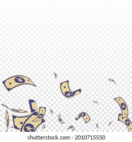 Billetes de yuan chinos cayendo. Anuncios de CNY aleatorios sobre fondo transparente. Dinero chino. Ilustración ectorial extática. Depósito ilegal, riqueza o concepto de éxito.
