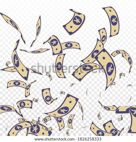 Chinese yuan notes falling. Random CNY bills on transparent background. China money. Divine vector illustration. Terrific jackpot, wealth or success concept.