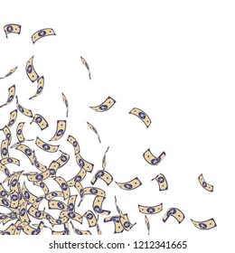 Chinese yuan notes falling. Small CNY bills on white background. China money. Ecstatic vector illustration. Uncommon jackpot, wealth or success concept.