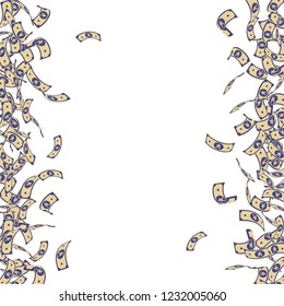 Chinese yuan notes falling. Small CNY bills on white background. China money. Dramatic vector illustration. Magnificent jackpot, wealth or success concept.