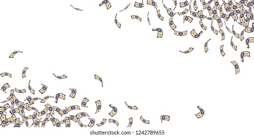 Chinese yuan notes falling. Small CNY bills on white background. China money. Eminent vector illustration. Captivating jackpot, wealth or success concept.