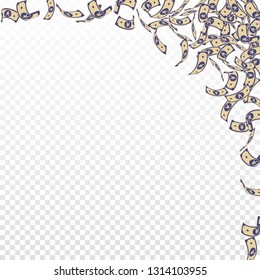 Chinese yuan notes falling. Small CNY bills on transparent background. China money. Divine vector illustration. Impressive jackpot, wealth or success concept.