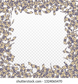 Chinese yuan notes falling. Small CNY bills on transparent background. China money. Dramatic vector illustration. Delicate jackpot, wealth or success concept.
