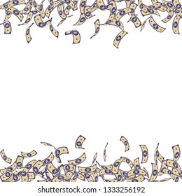 Chinese yuan notes falling. Small CNY bills on white background. China money. Divine vector illustration. Resplendent jackpot, wealth or success concept.