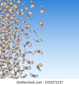 Chinese yuan notes falling. Small CNY bills on blue sky background. China money. Ecstatic vector illustration. Lively jackpot, wealth or success concept.