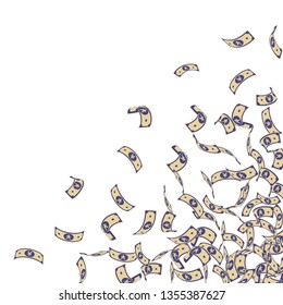 Chinese yuan notes falling. Small CNY bills on white background. China money. Elegant vector illustration. Alive jackpot, wealth or success concept.