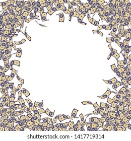 Chinese yuan notes falling. Small CNY bills on white background. China money. Ecstatic vector illustration. Brilliant jackpot, wealth or success concept.