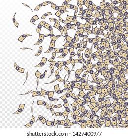 Chinese yuan notes falling. Small CNY bills on transparent background. China money. Dramatic vector illustration. Uncommon jackpot, wealth or success concept.