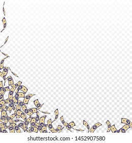 Chinese yuan notes falling. Small CNY bills on transparent background. China money. Divine vector illustration. Dazzling jackpot, wealth or success concept.