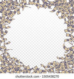 Chinese yuan notes falling. Small CNY bills on transparent background. China money. Dramatic vector illustration. Fabulous jackpot, wealth or success concept.