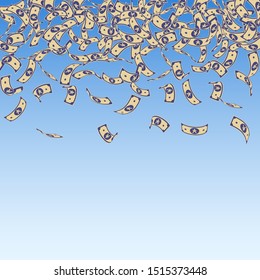 Chinese yuan notes falling. Small CNY bills on blue sky background. China money. Ecstatic vector illustration. Remarkable jackpot, wealth or success concept.