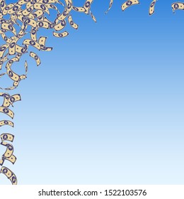 Chinese yuan notes falling. Small CNY bills on blue sky background. China money. Divine vector illustration. Excellent jackpot, wealth or success concept.