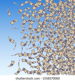 Chinese yuan notes falling. Small CNY bills on blue sky background. China money. Dramatic vector illustration. Trending jackpot, wealth or success concept.