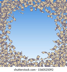 Chinese yuan notes falling. Small CNY bills on blue sky background. China money. Ecstatic vector illustration. Bold jackpot, wealth or success concept.