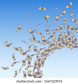 Chinese yuan notes falling. Small CNY bills on blue sky background. China money. Dramatic vector illustration. Rare jackpot, wealth or success concept.