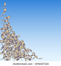 Chinese yuan notes falling. Small CNY bills on blue sky background. China money. Dramatic vector illustration. Alive jackpot, wealth or success concept.