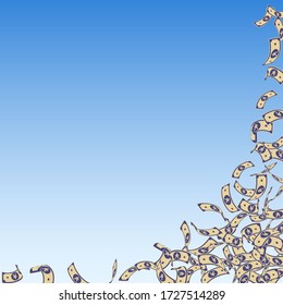 Chinese yuan notes falling. Small CNY bills on blue sky background. China money. Divine vector illustration. Fetching jackpot, wealth or success concept.