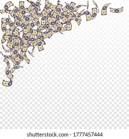 Billetes de yuan chinos cayendo. Pequeños proyectos de ley CNY con antecedentes transparentes. Dinero chino. Elegante ilustración vectorial. Notable destello, riqueza o concepto de éxito.