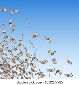 Chinese yuan notes falling. Small CNY bills on blue sky background. China money. Ecstatic vector illustration. Terrific jackpot, wealth or success concept.