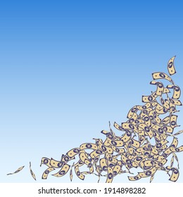 Chinese yuan notes falling. Small CNY bills on blue sky background. China money. Dramatic vector illustration. Bewitching jackpot, wealth or success concept.