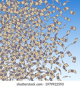 Chinese yuan notes falling. Small CNY bills on blue sky background. China money. Dramatic vector illustration. Grand jackpot, wealth or success concept.