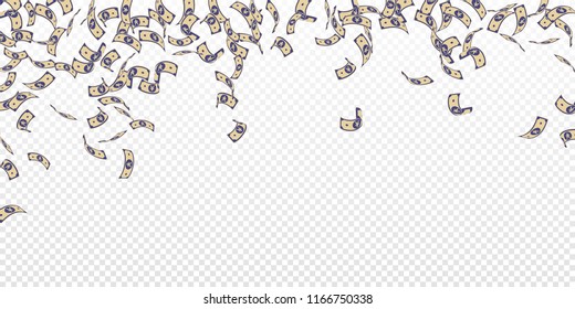 Chinese yuan notes falling. Sparse CNY bills on transparent background. China money. Eminent vector illustration. Emotional jackpot, wealth or success concept.