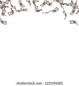 Chinese yuan notes falling. Sparse CNY bills on white background. China money. Divine vector illustration. Neat jackpot, wealth or success concept.