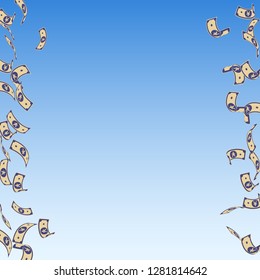 Chinese yuan notes falling. Sparse CNY bills on blue sky background. China money. Dramatic vector illustration. Majestic jackpot, wealth or success concept.