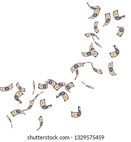 Chinese yuan notes falling. Sparse CNY bills on white background. China money. Divine vector illustration. Positive jackpot, wealth or success concept.