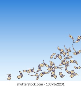 Chinese yuan notes falling. Sparse CNY bills on blue sky background. China money. Dramatic vector illustration. Breathtaking jackpot, wealth or success concept.