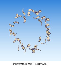 Chinese yuan notes falling. Sparse CNY bills on blue sky background. China money. Ecstatic vector illustration. Amazing jackpot, wealth or success concept.