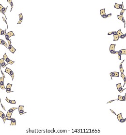 Chinese yuan notes falling. Sparse CNY bills on white background. China money. Dramatic vector illustration. Memorable jackpot, wealth or success concept.