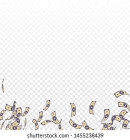Chinese yuan notes falling. Sparse CNY bills on transparent background. China money. Divine vector illustration. Captivating jackpot, wealth or success concept.