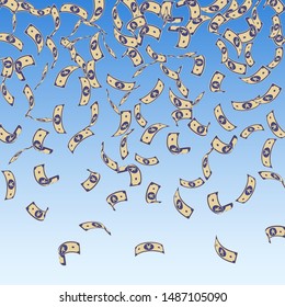 Chinese yuan notes falling. Sparse CNY bills on blue sky background. China money. Elegant vector illustration. Magnetic jackpot, wealth or success concept.