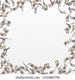 Chinese yuan notes falling. Sparse CNY bills on transparent background. China money. Dramatic vector illustration. Ecstatic jackpot, wealth or success concept.