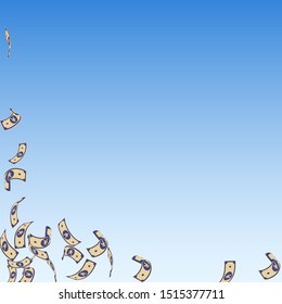 Chinese yuan notes falling. Sparse CNY bills on blue sky background. China money. Divine vector illustration. Delicate jackpot, wealth or success concept.