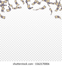 Chinese yuan notes falling. Sparse CNY bills on transparent background. China money. Divine vector illustration. Modern jackpot, wealth or success concept.