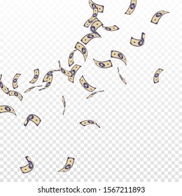 Chinese yuan notes falling. Sparse CNY bills on transparent background. China money. Dramatic vector illustration. Popular jackpot, wealth or success concept.