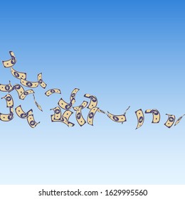 Chinese yuan notes falling. Sparse CNY bills on blue sky background. China money. Elegant vector illustration. Gorgeous jackpot, wealth or success concept.