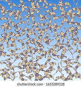 Chinese yuan notes falling. Sparse CNY bills on blue sky background. China money. Elegant vector illustration. Brilliant jackpot, wealth or success concept.