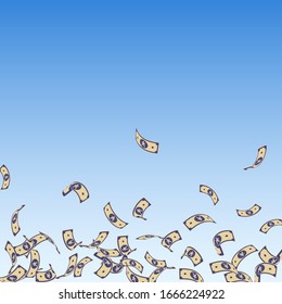 Chinese yuan notes falling. Sparse CNY bills on blue sky background. China money. Ecstatic vector illustration. Graceful jackpot, wealth or success concept.