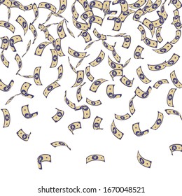 Chinese yuan notes falling. Sparse CNY bills on white background. China money. Elegant vector illustration. Majestic jackpot, wealth or success concept.