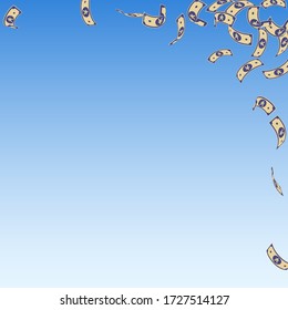 Chinese yuan notes falling. Sparse CNY bills on blue sky background. China money. Divine vector illustration. Indelible jackpot, wealth or success concept.