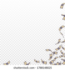 Chinese yuan notes falling. Sparse CNY bills on transparent background. China money. Divine vector illustration. Glamorous jackpot, wealth or success concept.